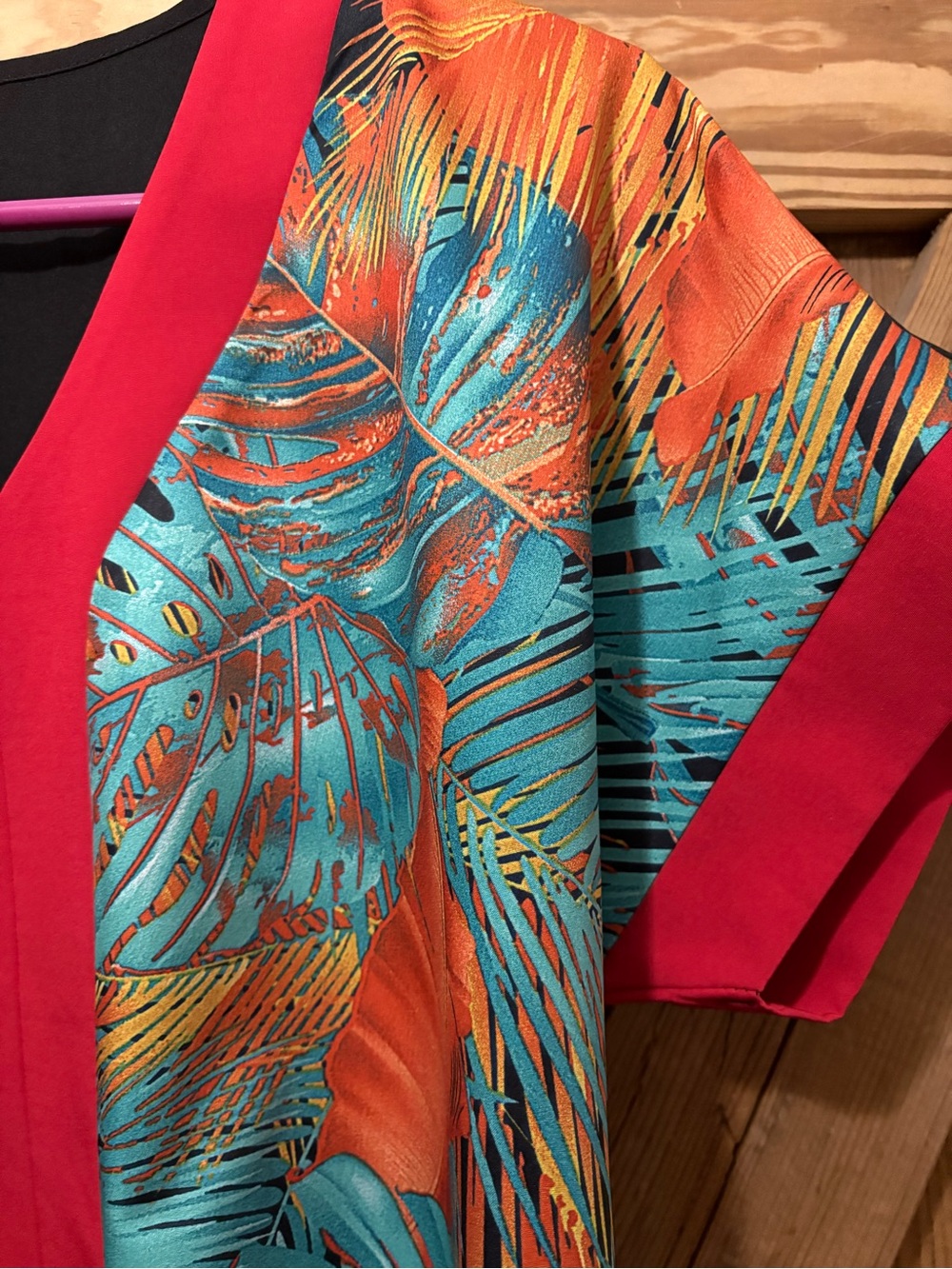 Vibrant Tropical Print Kimono with Red Trim beautiful casual to dressy blouse